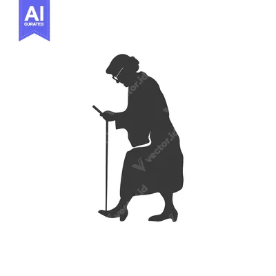 Aset desain premium: Silhouette of an Elderly Woman Walking with a Cane and Looking at a Ph