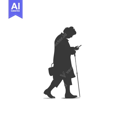 Aset premium populer: Silhouette of an Elderly Woman Walking with a Cane and Using a Smartph