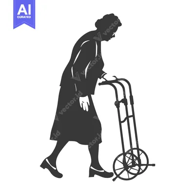 Aset premium populer: Silhouette of an elderly woman walking with a walker