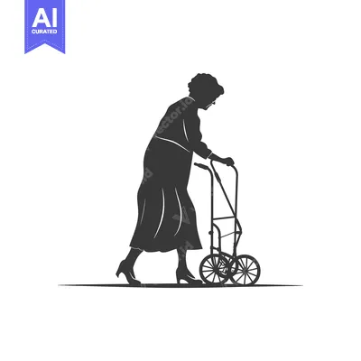 Aset desain premium: Silhouette of an elderly woman walking with a walker
