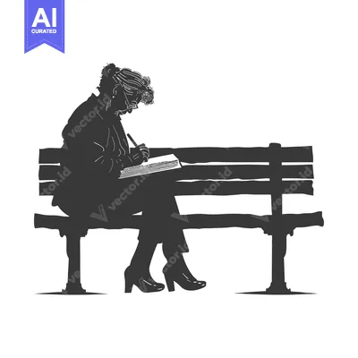 Aset desain premium: Silhouette of an Elderly Woman Writing on a Bench