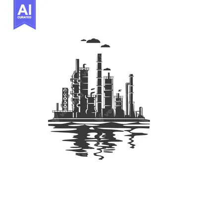 Silhouette of an industrial plant with smokestacks on a body of water