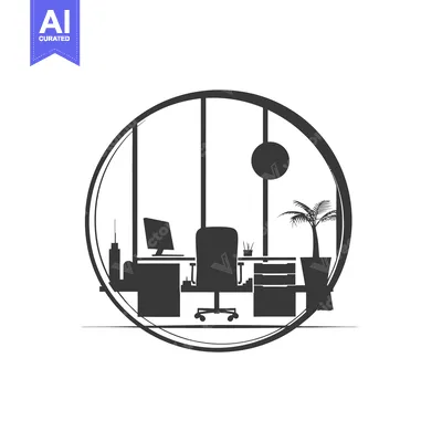 Popular premium asset: Silhouette of an Office Space with Desk, Chair, and Palm Tree