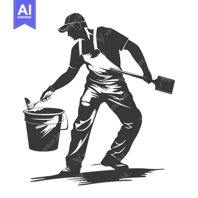 Aset premium populer: Silhouette of a Painter Stirring Paint in a Bucket