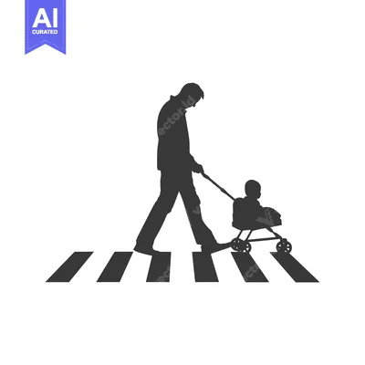 Aset desain premium: Silhouette of a parent pushing a stroller across a crosswalk
