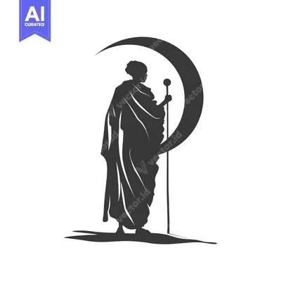 Silhouette of a Person Holding a Staff with a Crescent Moon Above