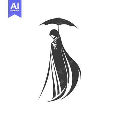 Aset desain premium: Silhouette of a Person in a Cloak Holding an Umbrella