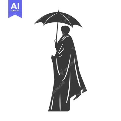 Aset premium populer: Silhouette of a Person in a Long Coat Holding an Umbrella