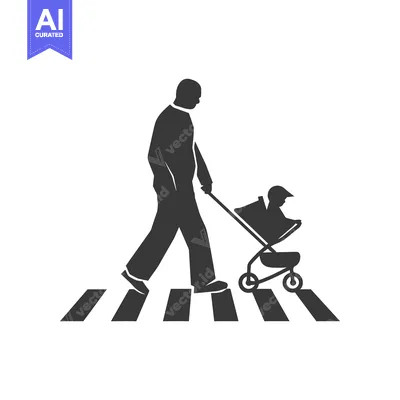 Aset desain premium: Silhouette of a Person Pushing a Baby Stroller Across a Crosswalk