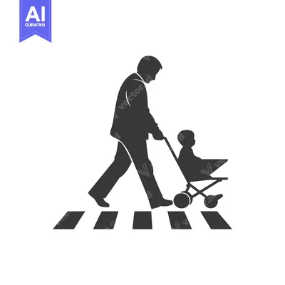 Aset desain premium: Silhouette of a person pushing a stroller across a crosswalk