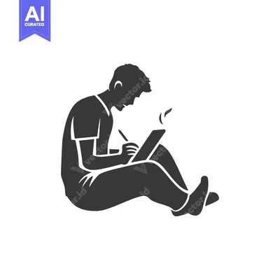 Aset desain premium: Silhouette of a Person Sitting and Drawing on a Tablet