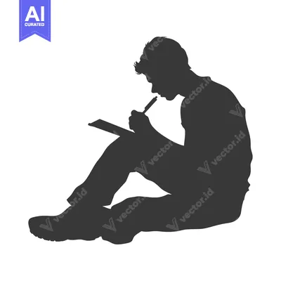 Aset desain premium: Silhouette of a Person Sitting and Writing on a Notebook