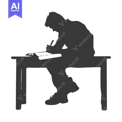 Silhouette of a Person Sitting at a Desk, Writing
