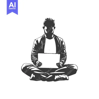 Aset desain premium: Silhouette of a Person Sitting Cross-legged and Holding a Laptop