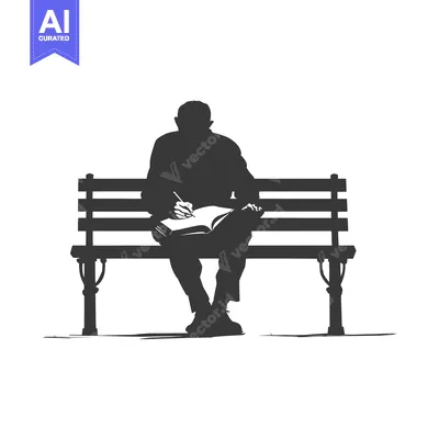 Aset desain premium: Silhouette of a Person Sitting on a Bench and Writing in a Book