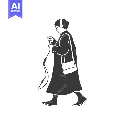 Aset desain premium: Silhouette of a Person Walking with Headphones and a Bag