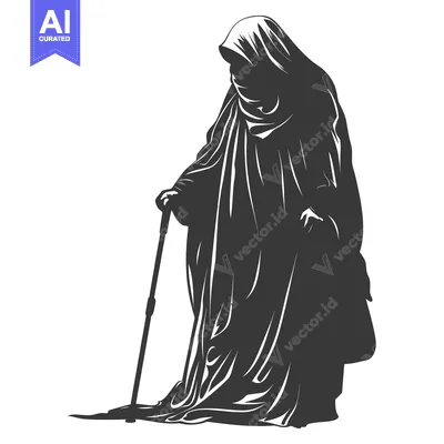 Silhouette of a Person Wearing a Hooded Robe and Holding a Cane