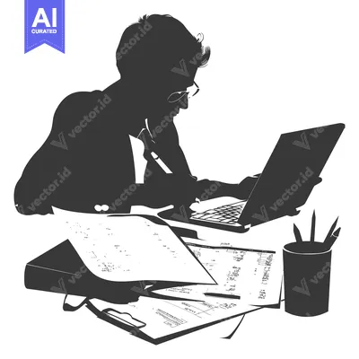 Silhouette of a Person Working at a Desk with a Laptop and Documents