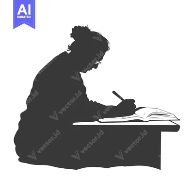 Aset desain premium: Silhouette of a Person Writing at a Desk with a Book Open