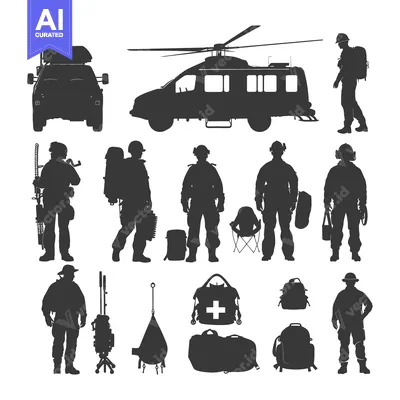Silhouette of a Rescue Team with Vehicles and Equipment