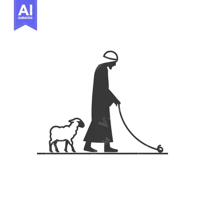 Silhouette of a shepherd leading a sheep