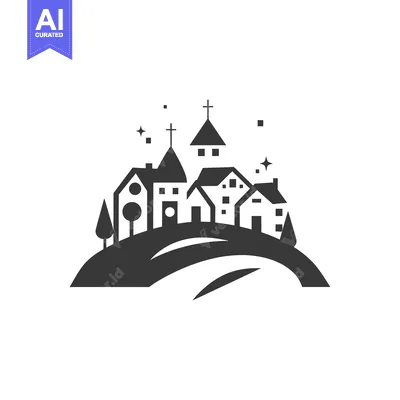 Silhouette of a small town with a church on a hill