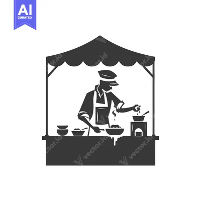 Aset premium populer: Silhouette of a Street Food Vendor Cooking in a Stall