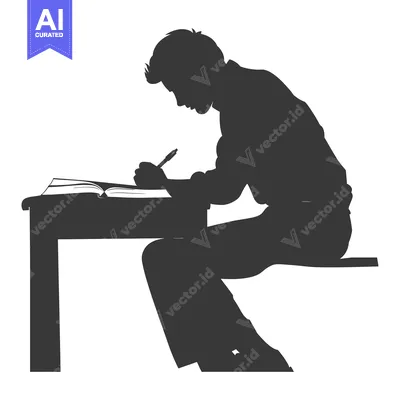 Aset desain premium: Silhouette of a Student Studying at a Desk