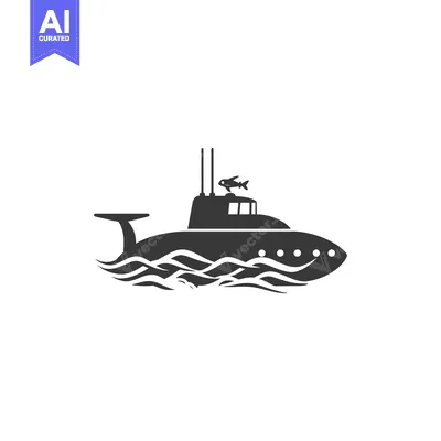 Silhouette of a Submarine with a Fish on Top, Traveling Through Wavy W