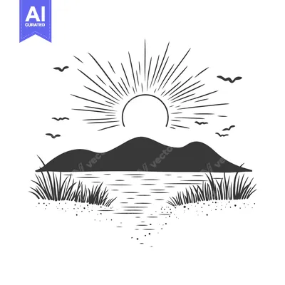 Aset desain premium: Silhouette of a sunset over mountains and a lake