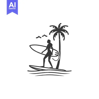 Aset desain premium: Silhouette of a Surfer Standing on a Surfboard with a Palm Tree in the