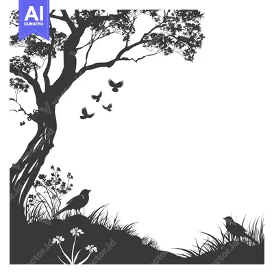 Silhouette of a Tree, Birds, and Flowers in a Landscape