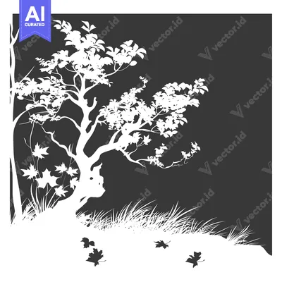Premium design asset: Silhouette of a Tree with Fallen Leaves in a Black and White Landscape