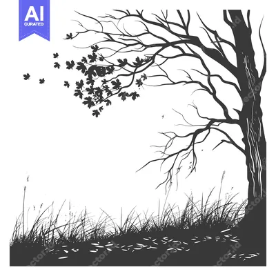 Aset desain premium: Silhouette of a Tree with Falling Leaves and Grass in the Foreground