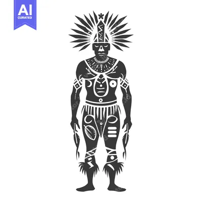 Silhouette of a tribal warrior with intricate body markings and feathe
