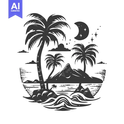 Silhouette of a Tropical Island with Palm Trees and a Crescent Moon