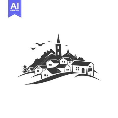 Silhouette of a Village on a Hill with a Church Spire