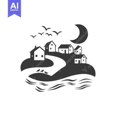 Silhouette of a Village on an Island with Crescent Moon