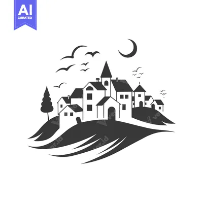 Silhouette of a Village with a Church on a Hilltop under a Crescent Mo