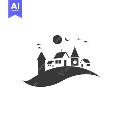 Silhouette of a Village with Houses, a Church, and a Sun and Moon in t
