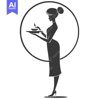 Aset desain premium: Silhouette of a Waitress Holding a Tray with Food
