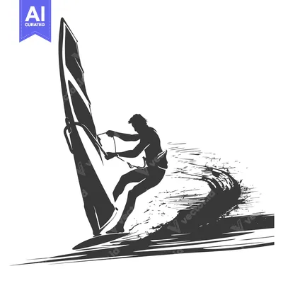 Aset desain premium: Silhouette of a Windsurfer Riding a Wave