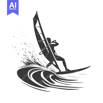 Silhouette of a Windsurfer Riding a Wave