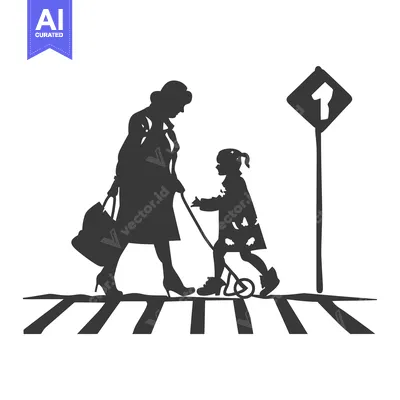 Aset premium populer: Silhouette of a woman and child crossing a crosswalk