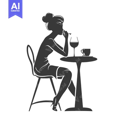 Aset desain premium: Silhouette of a Woman Drinking Wine at a Table