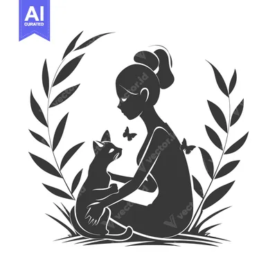 Popular premium asset: Silhouette of a Woman Holding a Cat with Butterfly Motifs