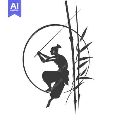 Aset premium populer: Silhouette of a Woman Holding a Staff Against a Background of Bamboo