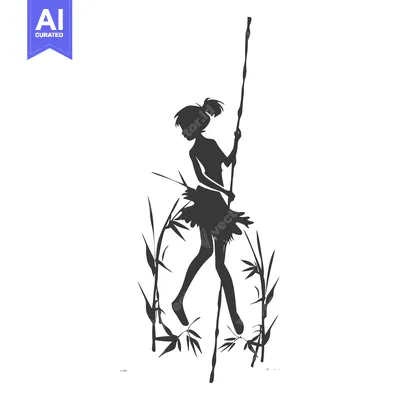 Aset premium populer: Silhouette of a woman holding a stick with bamboo behind her