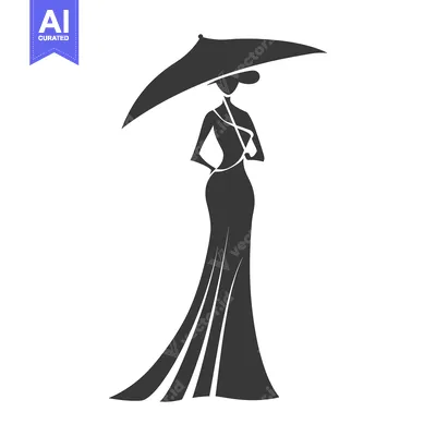 Aset premium populer: Silhouette of a Woman in a Dress and Hat Holding an Umbrella