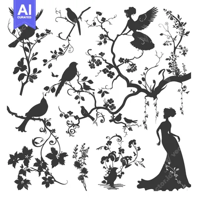 Aset desain premium: Silhouette of a Woman in a Dress, Birds, and Flowers